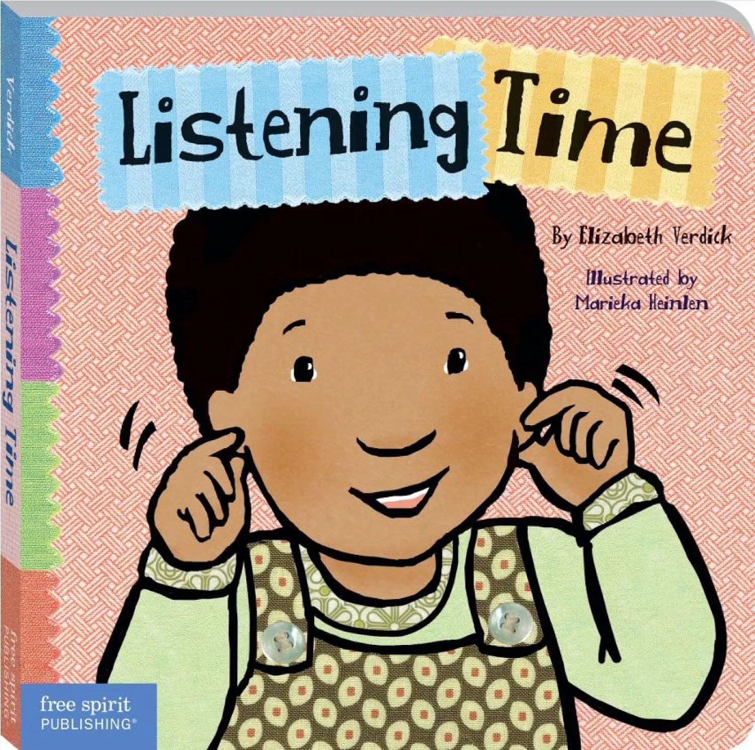 An illustration of a young girl with short, dark hair, smiling and holding her ears with her fingers. She wears a patterned apron and a light green shirt. The background is pink with a textured pattern and the title 'Listening Time' is displayed at the top with colorful, torn-paper style text.