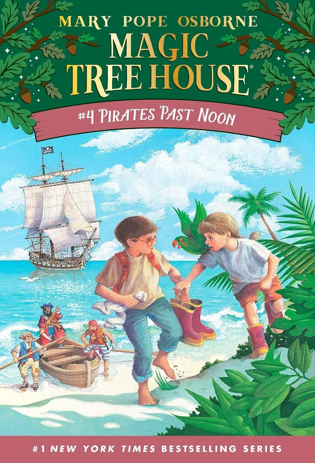 Cover of the book "Mary Pope Osborne Magic Tree House #4 Pirates Past Noon," featuring two children on a tropical island beach with jungle foliage, a pirate ship in the sea, and pirates boarding a small boat.