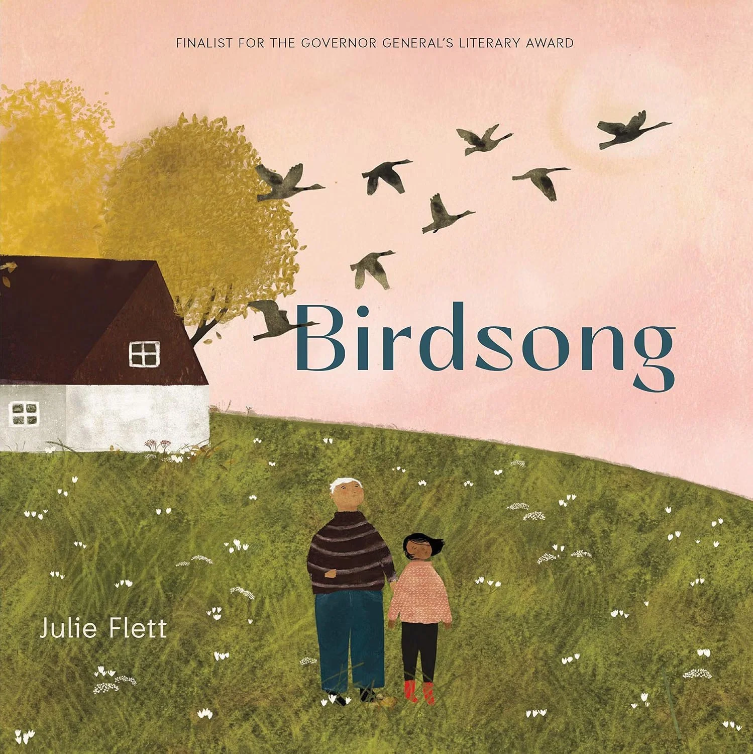 Children holding hands in a grassy field with a house, large tree, and birds flying in the sky, with the title 'Birdsong' and author's name Julie Flett.