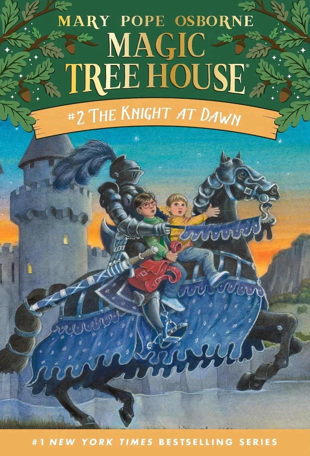 Children riding a flying, armored horse in front of a castle at sunset on the cover of a book titled 'Mary Pope Osborne Magic Tree House #2 The Knight at Dawn'.