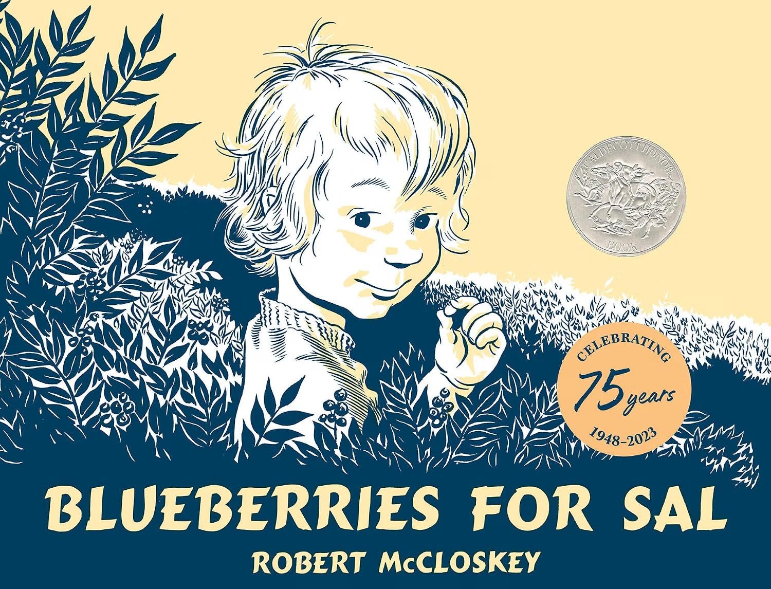A vintage-style illustration of a young boy with curly hair, surrounded by blueberry bushes, with a silver coin illustration and a circular emblem celebrating 75 years of blueberries for sale.