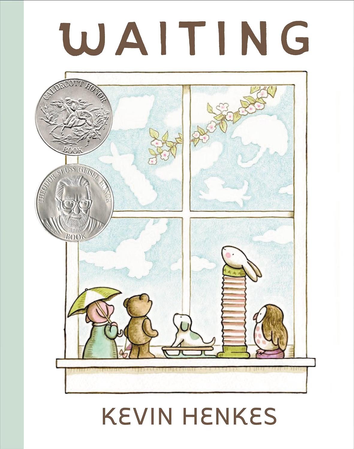 Book cover titled "Waiting" by Kevin Henkes. Illustration of a window with four panes showing birds in flight and cherry blossoms. Inside the window sill, there are four animals: a girl holding an umbrella, a bear, a dog, and a bunny on a stacked stack of plates, with a girl looking at the bunny.