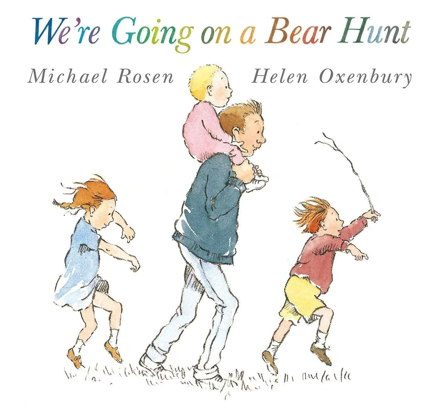 Cover of a children's book titled "We're Going on a Bear Hunt" by Michael Rosen and Helen Oxenbury, featuring an illustration of a family walking with one child holding a stick.
