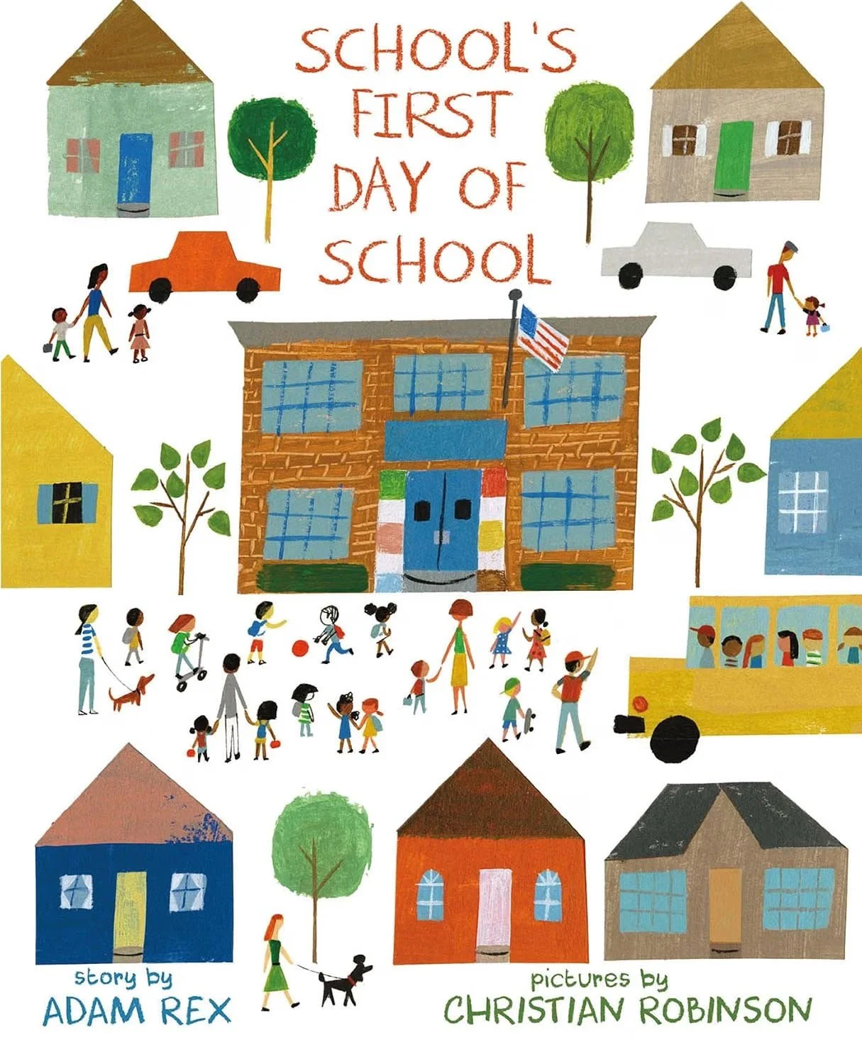 Illustrated children and adults on a school campus with houses, trees, cars, and a school building with an American flag, celebrating the first day of school.