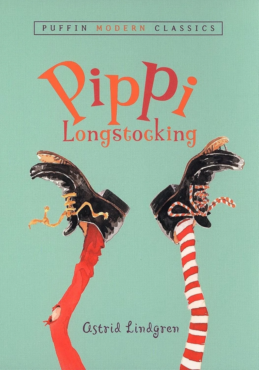 Book cover titled 'Pippi Longstocking' by Astrid Lindgren, featuring two whimsical boots with long, colorful stockings acting as legs, against a mint green background, with the subtitle 'Modern Classics' at the top.