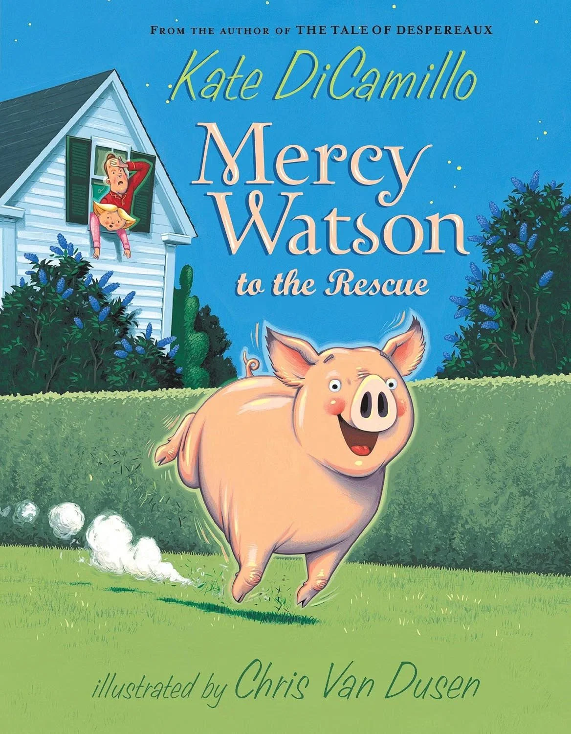 Children watching a cheerful pig running on a grassy lawn with a trail of steam behind it, in front of a white house with blue shutters and purple flowers.