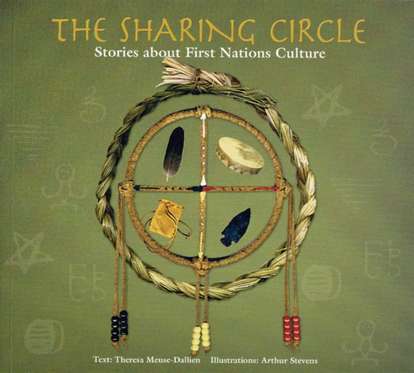 Book cover titled 'The Sharing Circle: Stories about First Nations Culture.' The cover features a circular dreamcatcher with a rope border and four hanging beaded strands. Inside the circle are four colored feathers and a yellow pouch. The author's name is Theresa Meuse-Dallien, and the illustrator is Arthur Stevens.