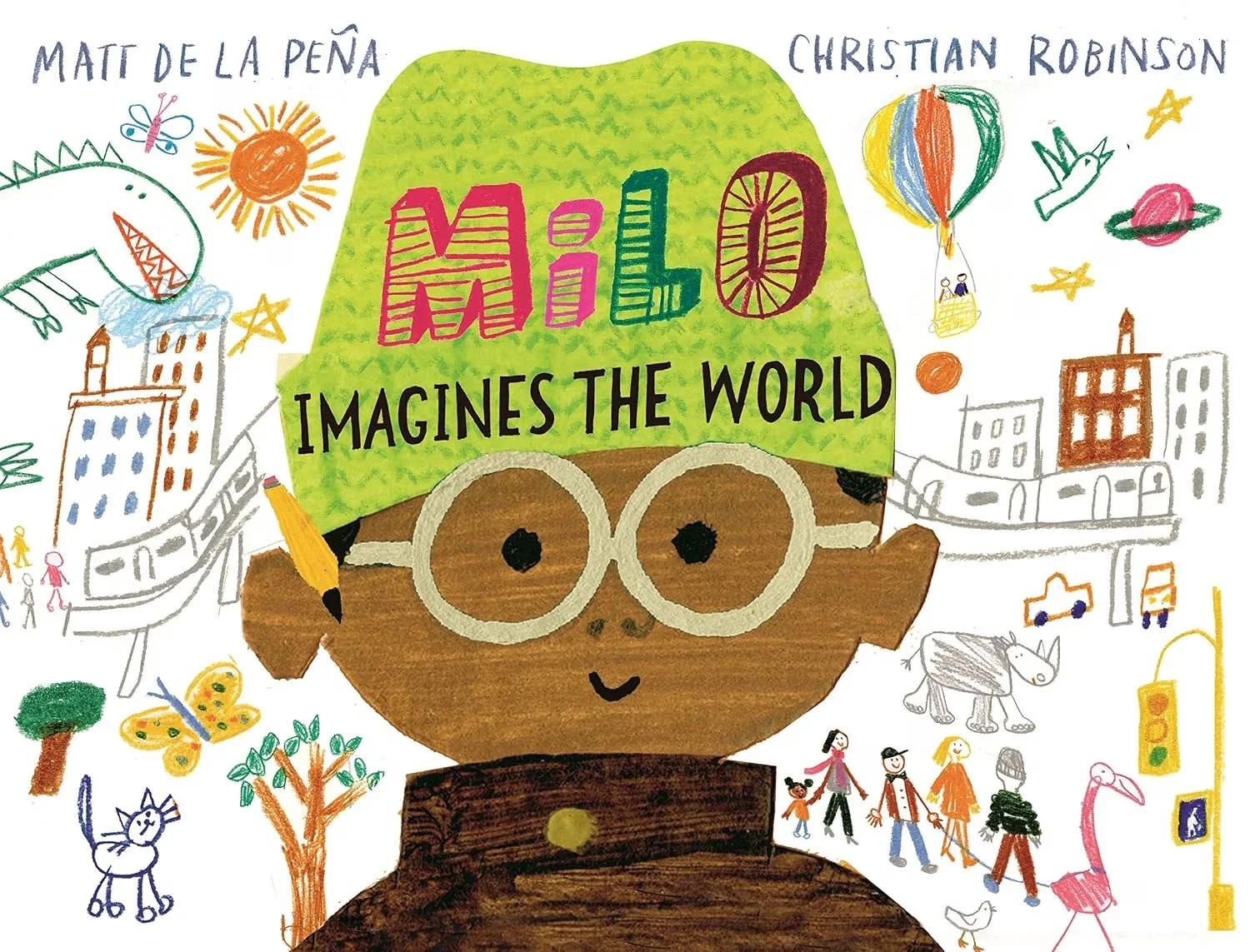 Drawing of a person wearing glasses with a green cap, with the words "MILO IMAGINES THE WORLD" on it. Surrounding the person are colorful illustrations including animals, buildings, a hot air balloon, a sun, stars, people's silhouettes, trees, and various whimsical objects.