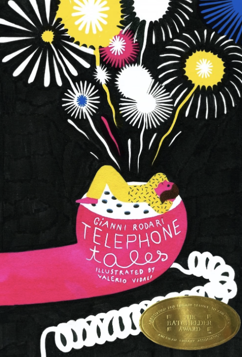 Children's book cover titled 'Telephone' by Gianni Rodari, illustrated by Valerio Vidali, showing a pink pot with a yellow dog and fireworks in the background, and a gold award sticker.