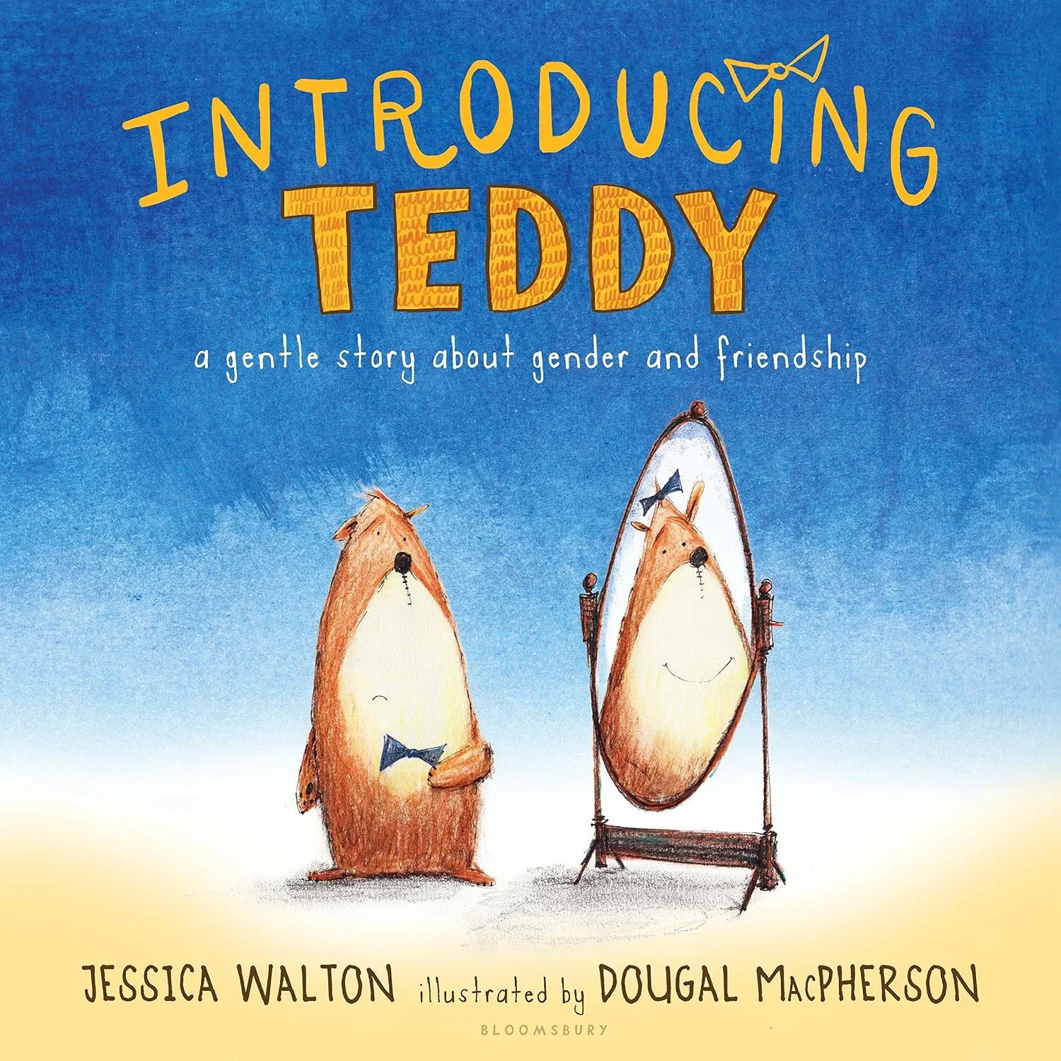 Cover of introducing teddy, a children's book, featuring two bears, one holding a small paper airplane, and the other in front of a mirror, with a blue sky background.