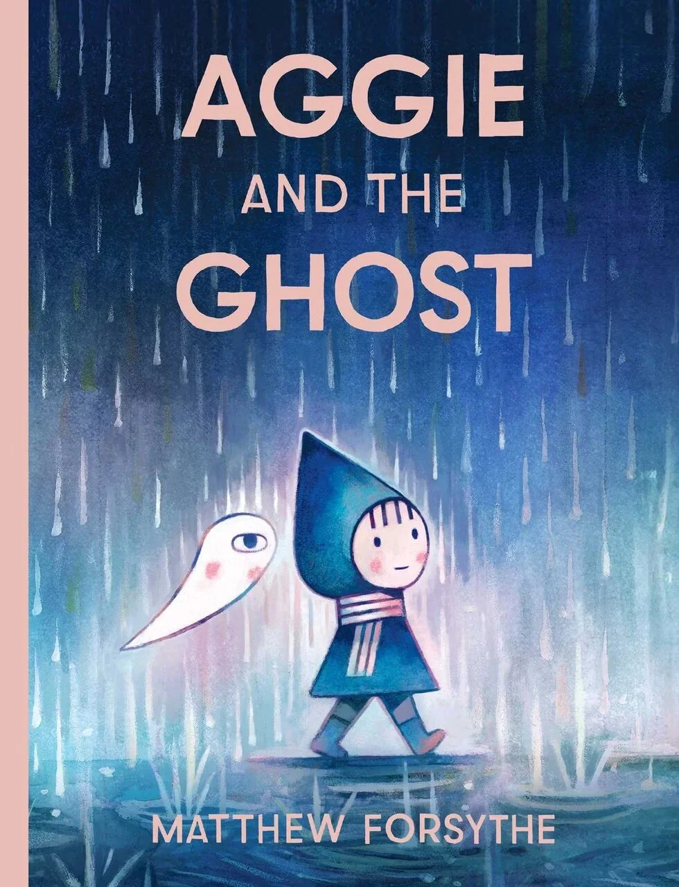 Book cover titled 'Aggie and the Ghost' by Matthew Forsythe, featuring an illustration of a girl with a ghostly creature in the rain.