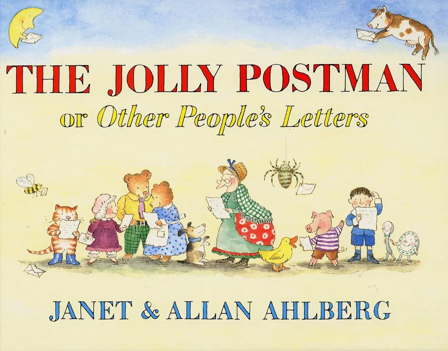 Cover of a children's book titled 'The Jolly Postman or Other People's Letters' by Janet & Allan Ahlberg, featuring a whimsical illustration of animals and children holding letters, with a cow and a pig among the characters.