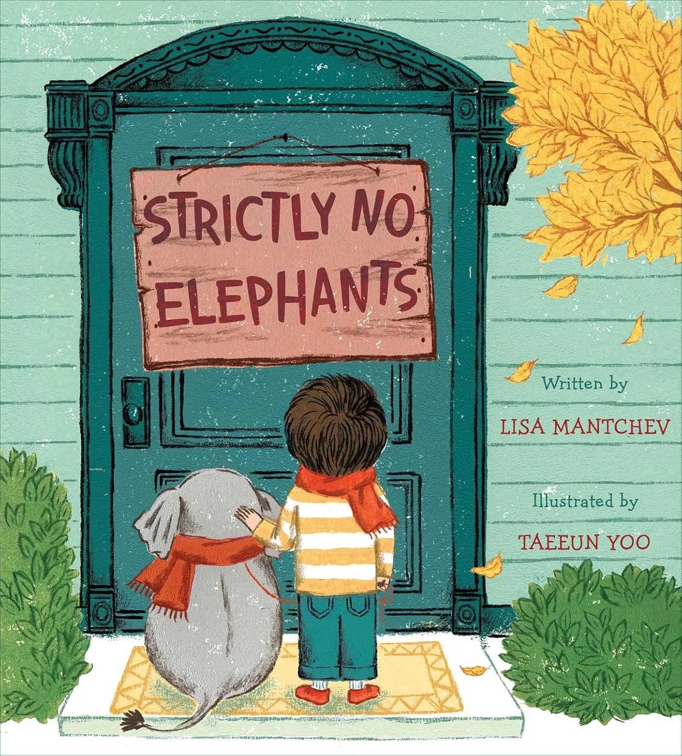 Children and a dog standing outside a door with a sign that reads 'Strictly No Elephants.' The scene is framed by yellow and green foliage.