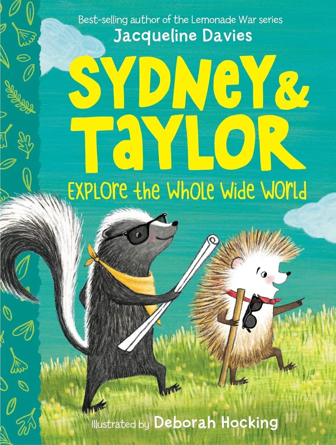 A book cover featuring two cartoon animals, a skunk with sunglasses and a hedgehog, both holding rolled-up papers and walking on grass with a cloudy sky in the background.