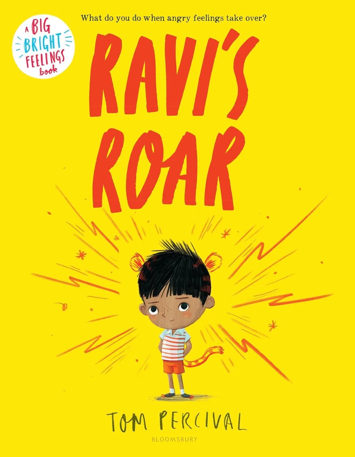 Book cover titled "RAV'S ROAR" from the "A Big Bright Feelings Book" series, featuring a young boy with a lion tail and ears, standing against a bright yellow background with radiating lines and lightning bolts.