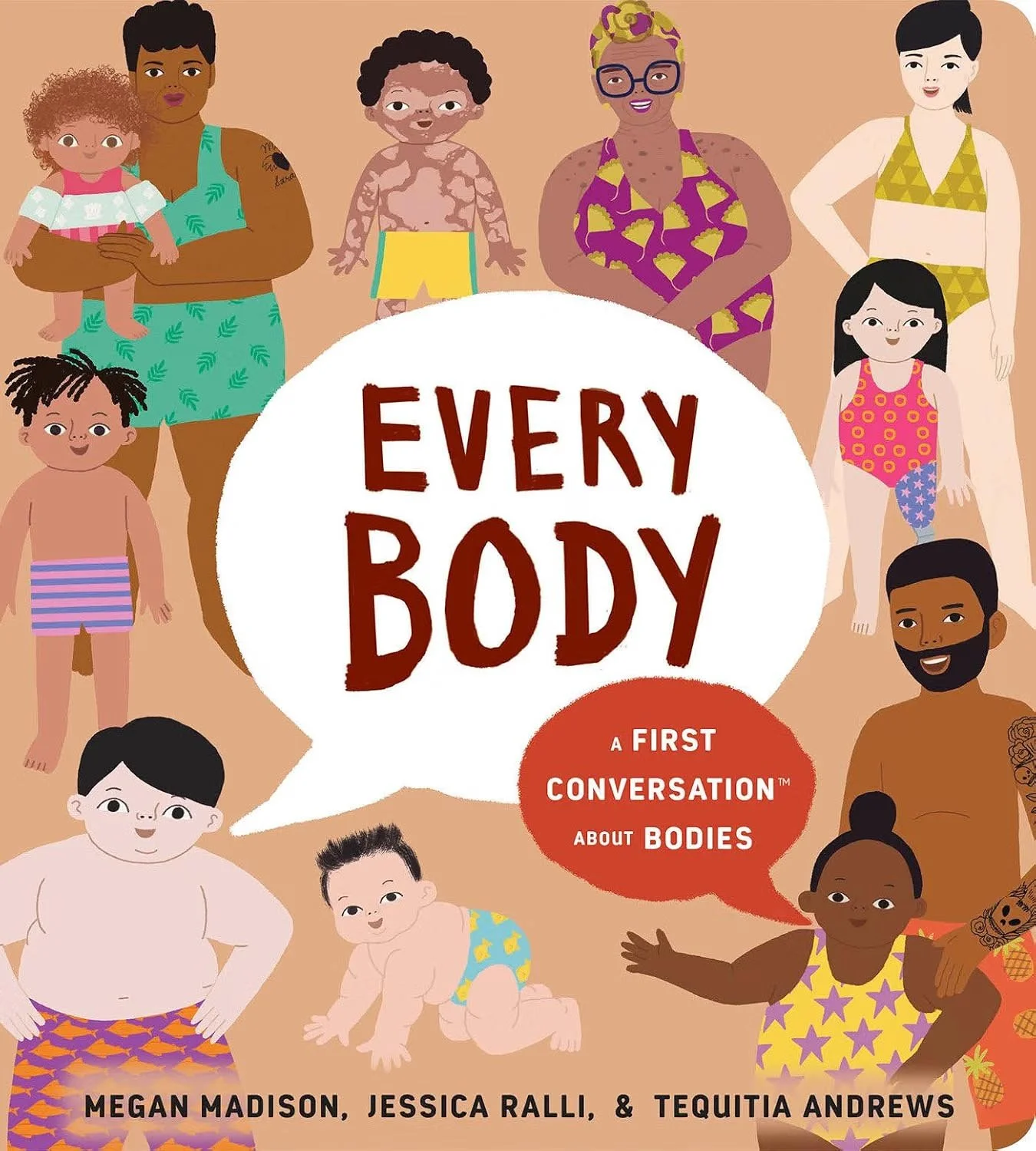Cover of a children's book titled 'Every Body: A First Conversation About Bodies' with diverse children and adults in swimsuits and summer clothing surrounding the title.