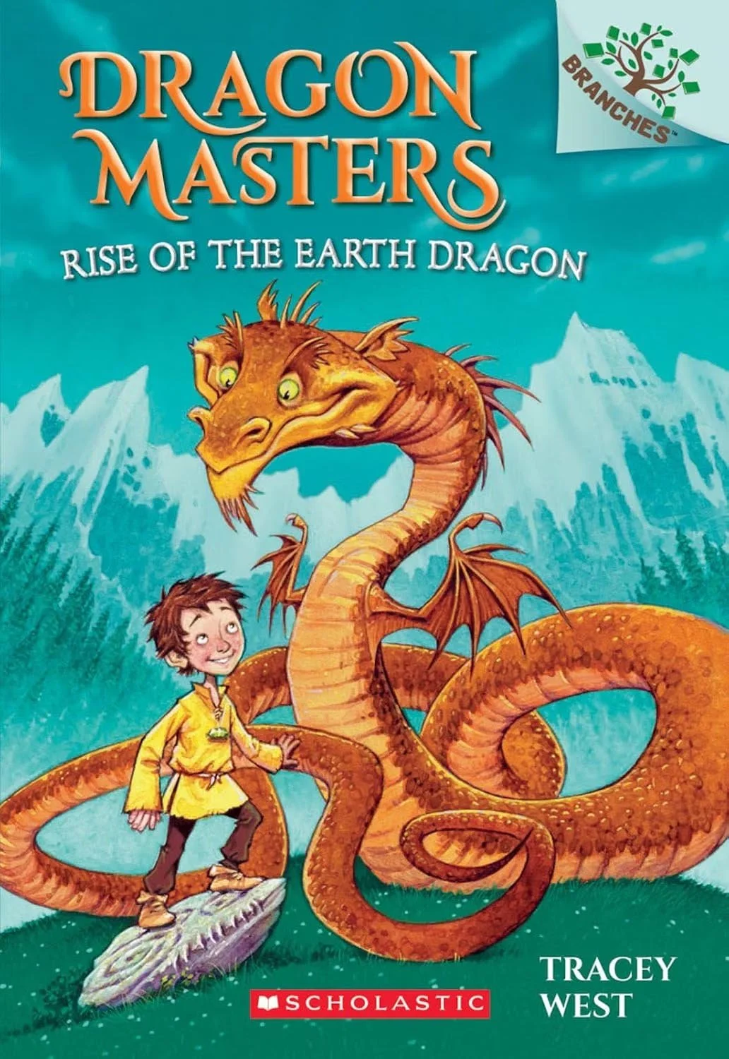 Book cover of 'Dragon Masters: Rise of the Earth Dragon' by Tracey West, with an illustration of a young boy in a yellow outfit standing on a large rock, looking up at a large orange and yellow dragon with mountains and green trees in the background.