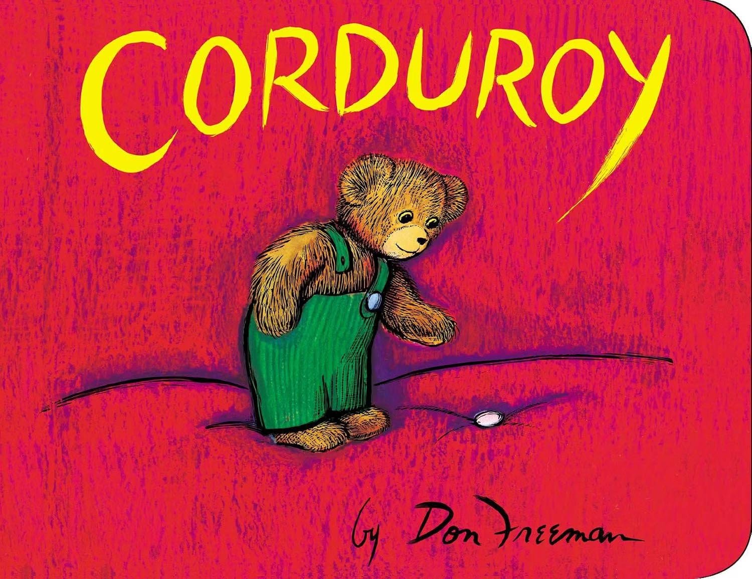 Book cover titled 'Corduroy' featuring an illustration of a teddy bear wearing green overalls, walking on a red background.