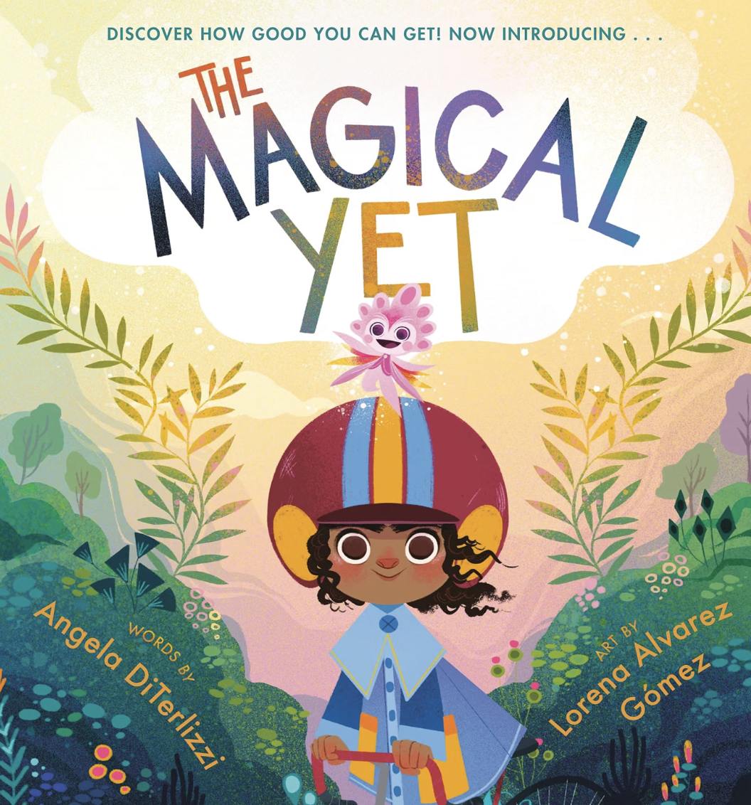 Colorful children's book cover titled 'The Magical Yeti' featuring a young girl with dark curly hair and a big hat resembling a helmet, holding a toy sword, with a small pink mythical creature flying above. The background has a whimsical landscape with trees and plants.