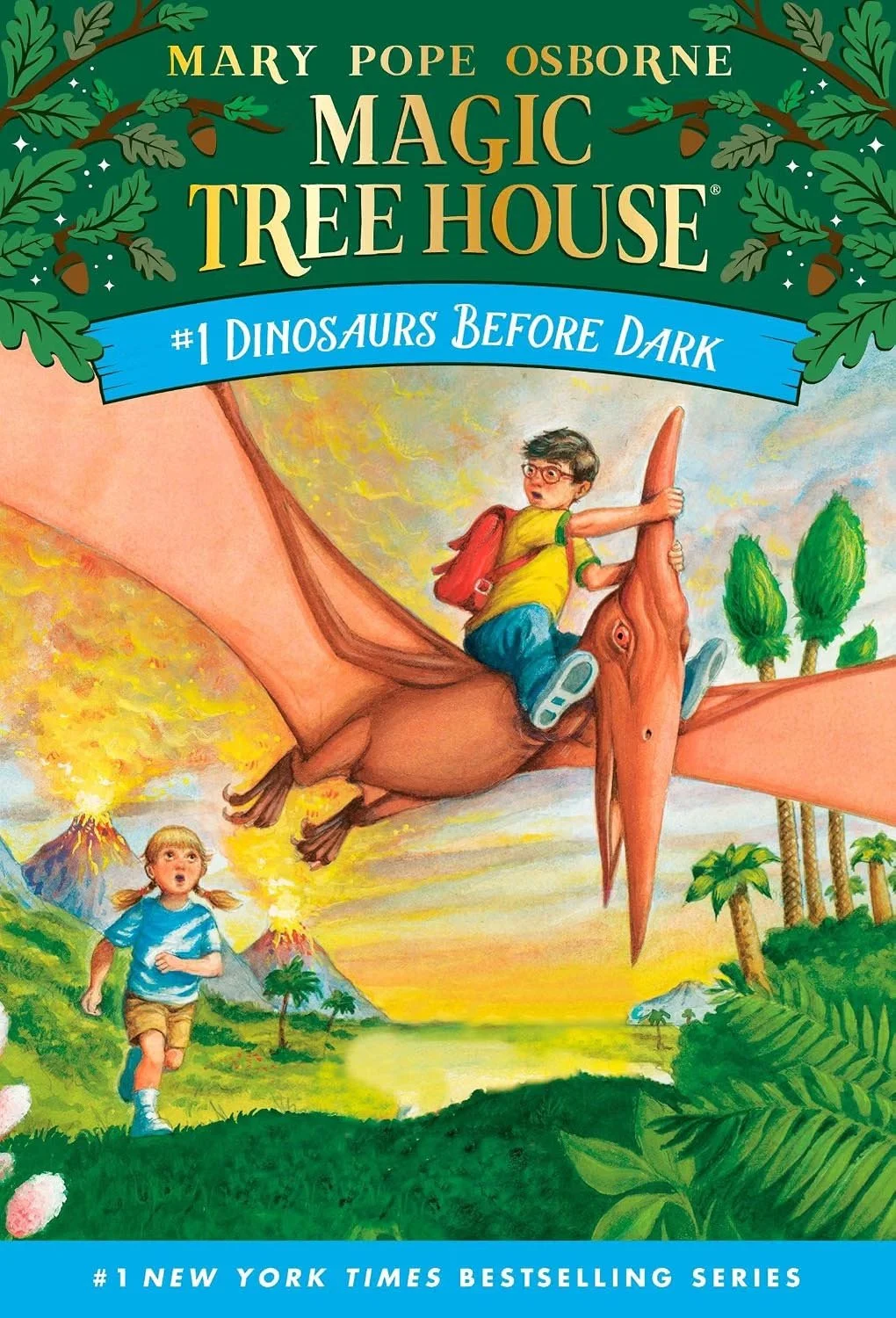 Book cover for "Mary Pope Osborne Magic Tree House: #1 Dinosaurs Before Dark" showing a boy riding a pterodactyl with a girl running in a lush prehistoric landscape.