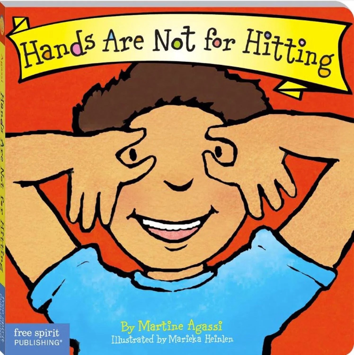 Children's book cover titled "Hands Are Not for Hitting" with an illustration of a smiling child with hands near her head, wearing a blue shirt and an orange cape, with colorful text and a yellow background.