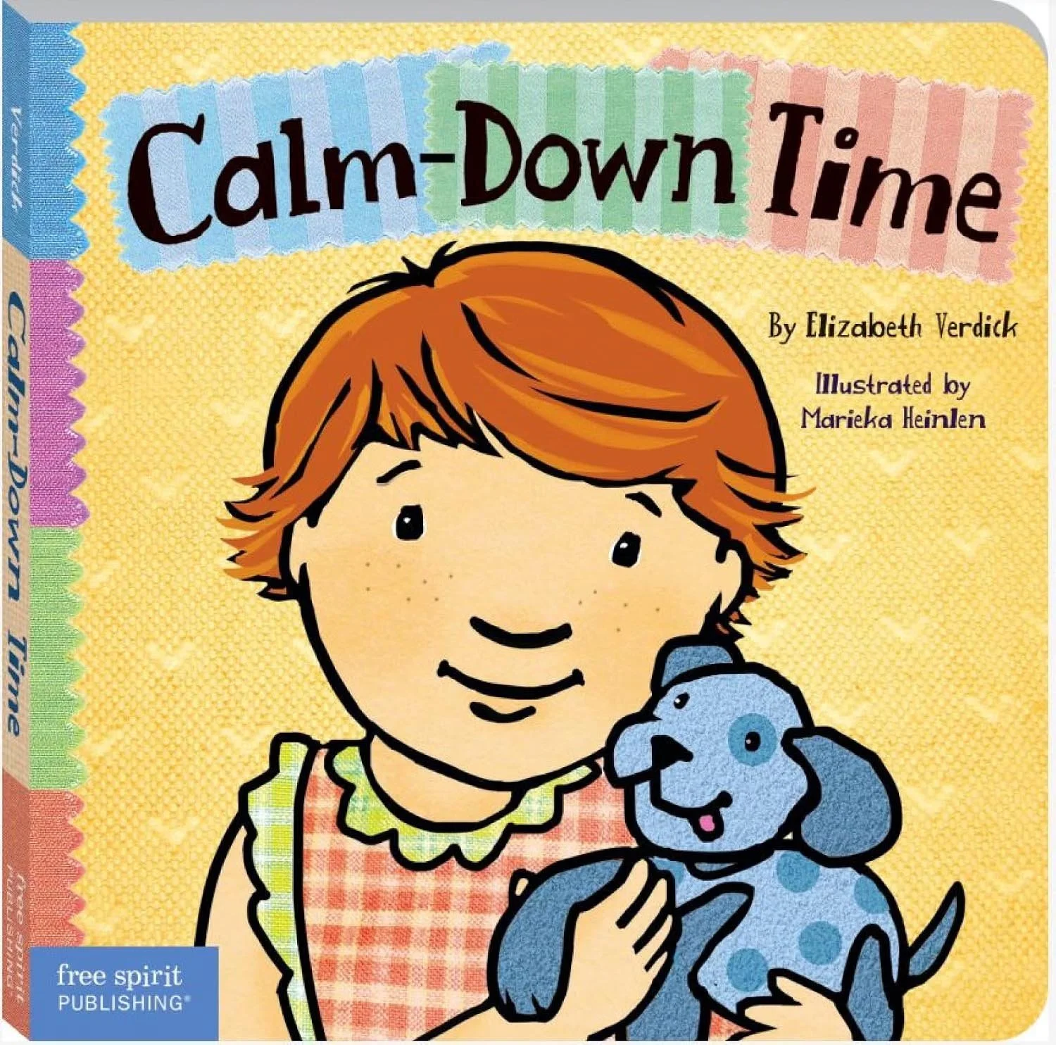 Cover of a children's book titled 'Calm-Down Time' featuring an illustration of a smiling girl with short, red hair holding a blue plush dog. The background is yellow with colorful striped borders.