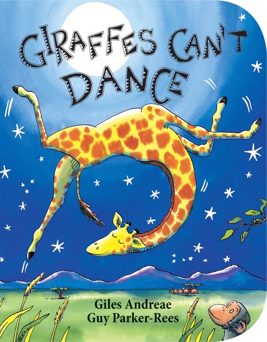 A whimsical illustration of a dancing giraffe with a white moon in the background, surrounded by stars, with the title 'Giraffes Can't Dance' at the top. The cover also features grass, mountains, a small tree, and a smiling hippopotamus at the bottom. Written by Giles Andreae and Guy Parker-Rees.