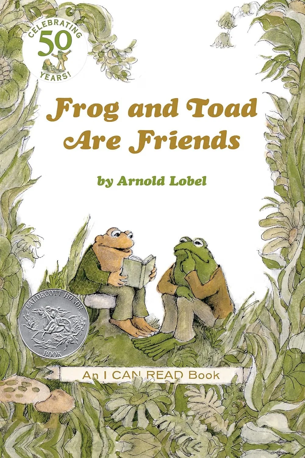 Book cover titled "Frog and Toad Are Friends" by Arnold Lobel, celebrating 50 years, featuring an illustration of a frog and a toad sitting and reading under leafy plants.