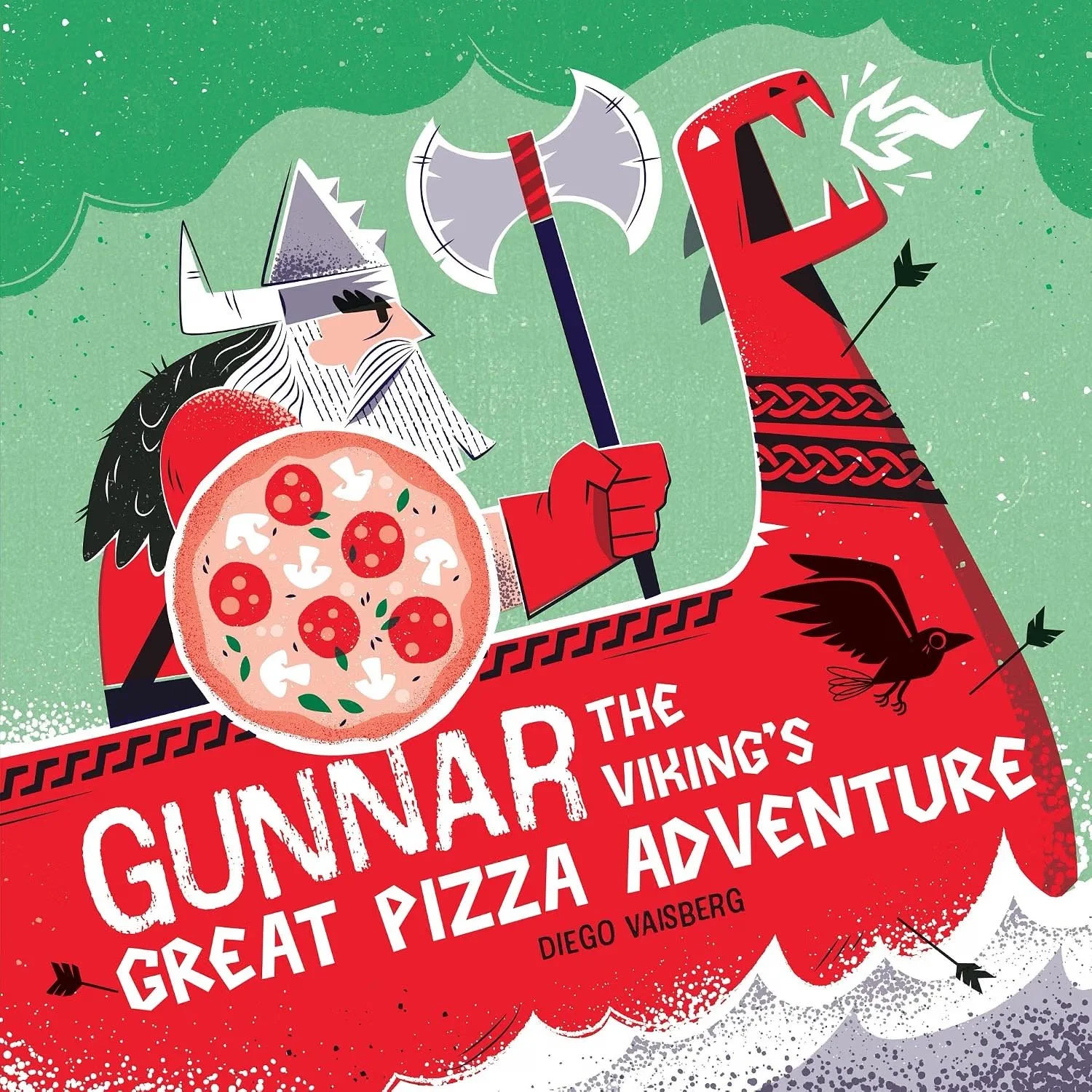 A cartoon Viking with a white beard, wearing a horned helmet, holding a tray with a pizza topped with pepperoni, mushrooms, and basil. The Viking is standing next to a large red text block that reads 'GUNNAR THE GREAT PIZZA ADVENTURE' with the subtitle 'by Diego Vaisberg'. The background is green with a stylized design.
