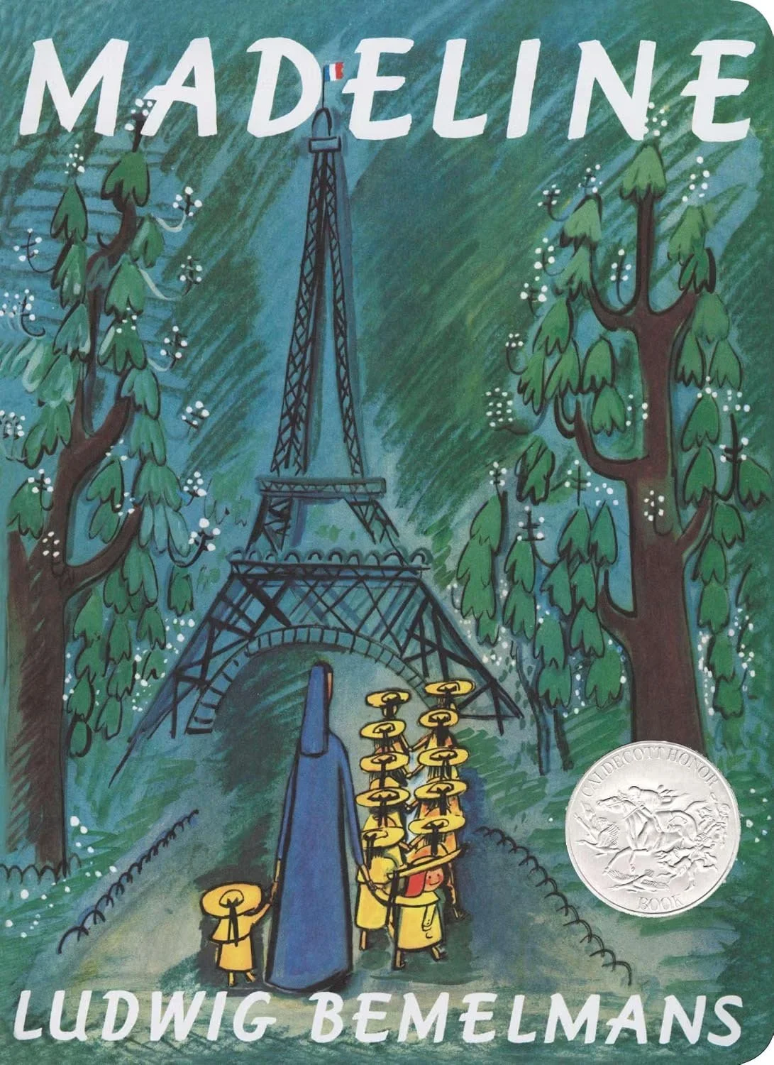Illustration of musicians playing near the Eiffel Tower, with trees on either side and the author's name Ludwig Bemelmans at the bottom.
