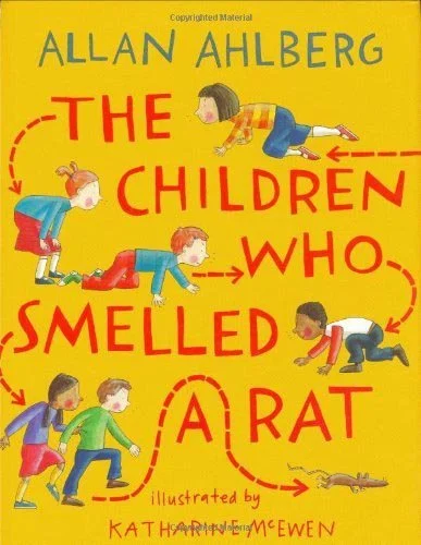 Book cover for 'The Children Who Smelled a Rat' by Allan Ahlberg, illustrated by Katharine McEwen, featuring children and a rat on a bright yellow background.