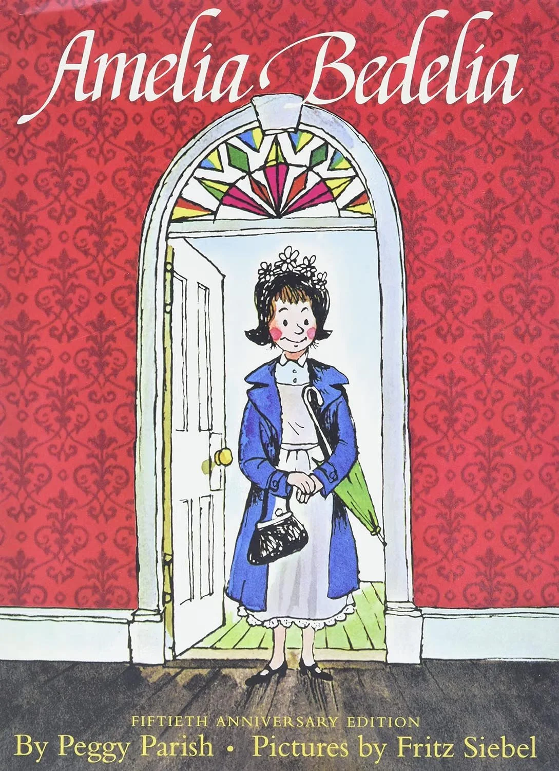 Cover of a book titled 'Amelia Bedelia,' with an illustration of a girl in a blue coat, white dress, and a flower crown, standing in a doorway with red patterned wallpaper behind her.