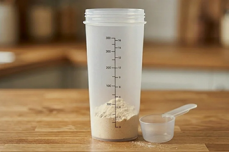 A protein shaker cup with powder on a wooden table, symbolizing a sustainable daily wellness habit.