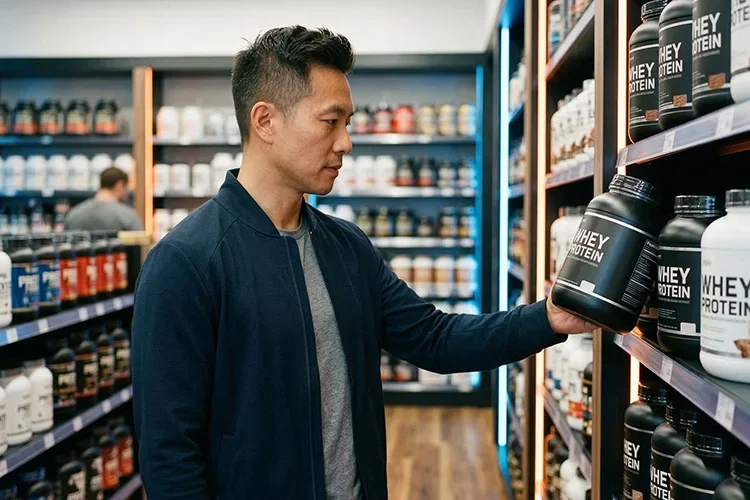 A male consumer carefully evaluating protein supplement options to find the most effective formula for muscle recovery and performance.