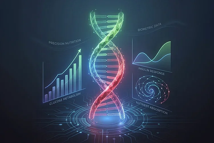 Abstract DNA helix integrated with metabolic data charts representing personalized nutrition science.