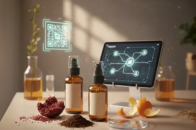 Laboratory setting showing upcycled beauty ingredients like pomegranate seeds and orange peels next to science-backed skincare bottles and a digital data screen.