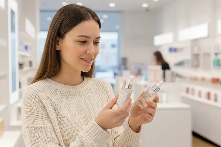 A woman smiling gently while holding and comparing two serum bottles in a clean, modern cosmetic store, focusing on ethical skincare.