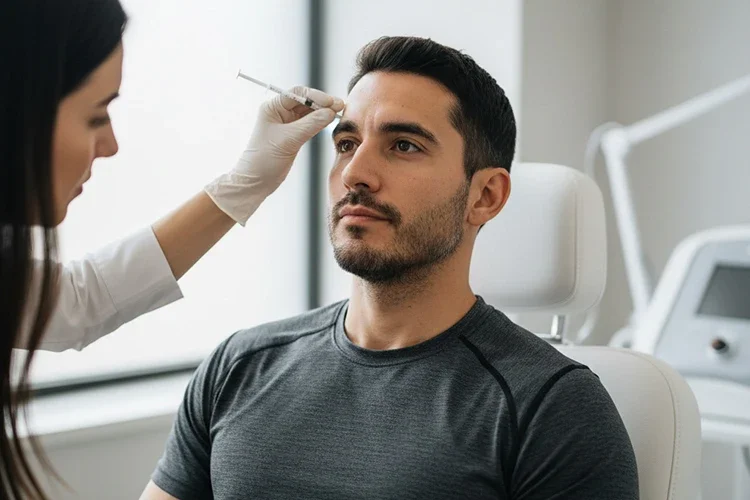 A professional male receiving a strategic neuromodulator treatment to enhance facial resilience.