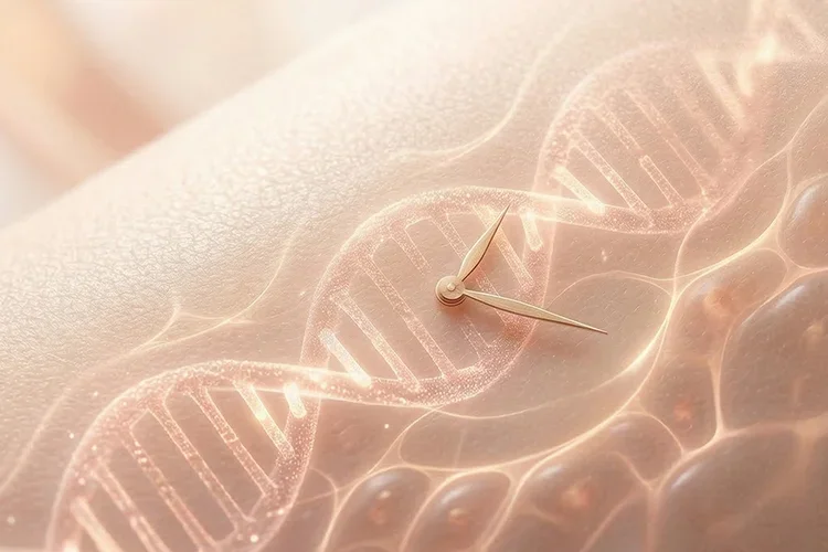 A close-up, conceptual visualization of a human skin texture overlaid with a glowing, golden double-helix DNA strand and a central clock mechanism with hands, illustrating the cellular data and biological time related to aesthetic restoration.