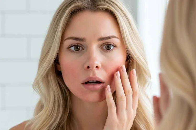 A shocked blonde woman with facial redness looks into a bathroom mirror, touching her cheek in concern after using retinol