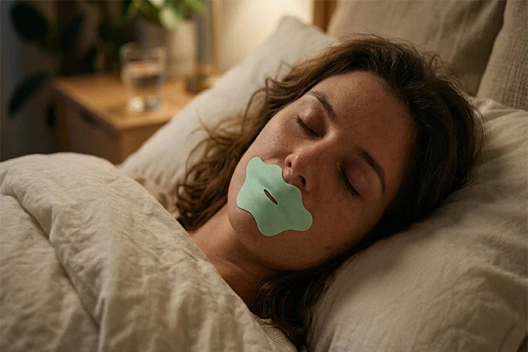 A woman using a mouth strip at night to improve sleep quality through nasal breathing.