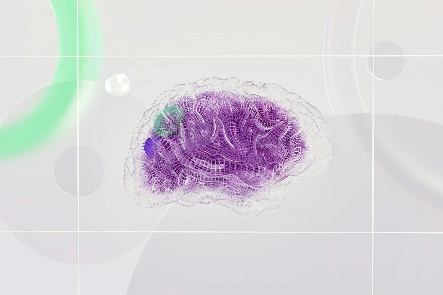 A 3D digital rendering of a human brain with a purple neural network layer representing a surface-mounted brain-computer interface setup.