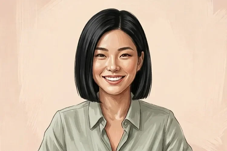 Illustrated portrait of Christine Kim, TheWellnessExaminer's body care and MedSpa editor, smiling in a sage green shirt against a warm beige background.