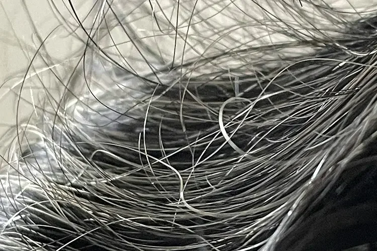 Macro close-up of gray and dark hair strands tangled together, showing the mix of pigmented and graying hair linked to stress and cortisol.