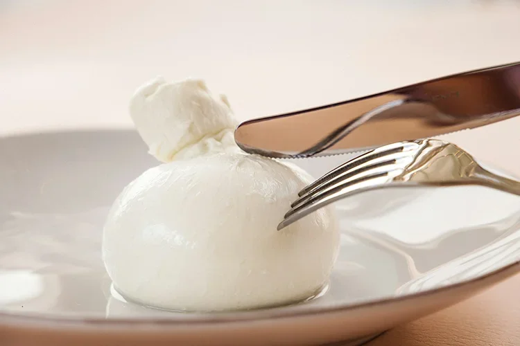 A close-up shot of a creamy fresh Burrata cheese on a white plate, being gently cut with a knife and fork, representing the healthy fat source for nutrient absorption.
