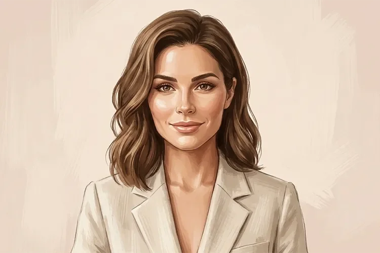 Illustrated portrait of Isabella Miller, TheWellnessExaminer's skincare and anti-aging editor, in a cream blazer against a warm beige background.