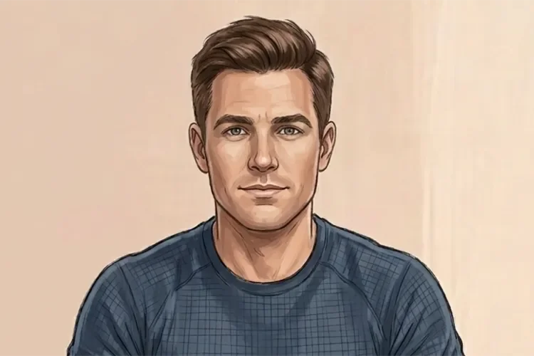 Illustrated portrait of James Walker, TheWellnessExaminer's fitness and nutrition editor, in a blue t-shirt against a soft peach background.