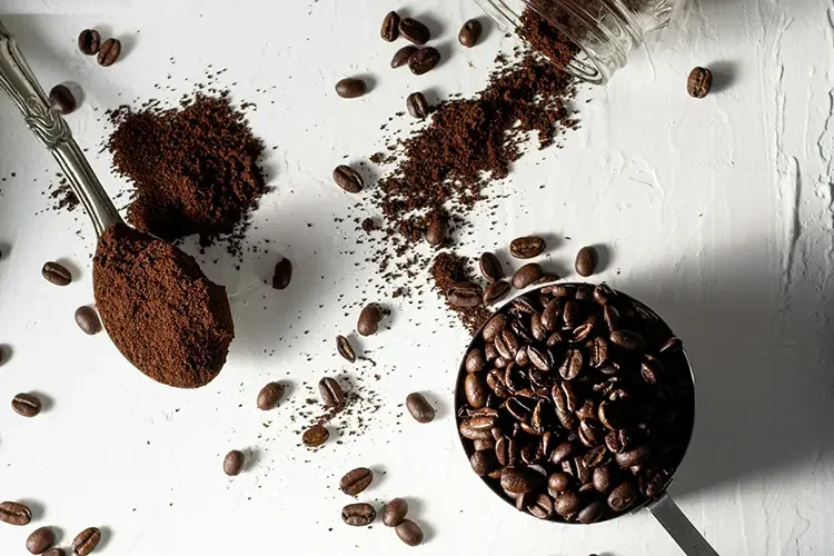 Roasted coffee beans and spent coffee grounds on a white surface for upcycled skincare ingredients.