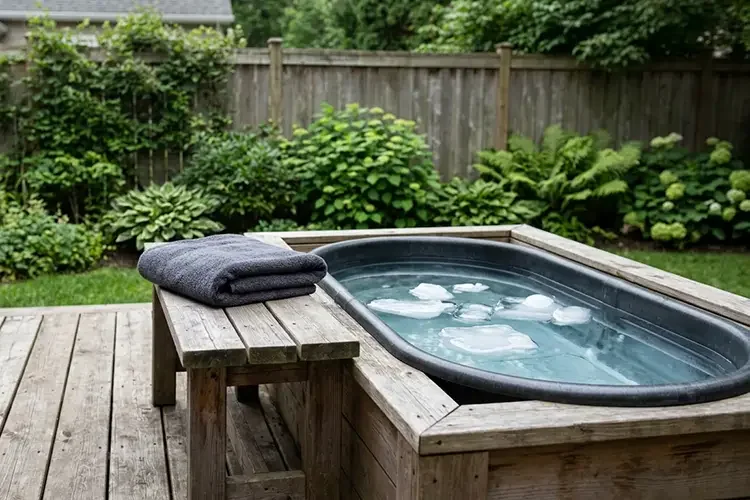 Outdoor stock tank cold plunge with floating ice on a backyard wooden deck, with a folded gray towel on a bench beside it.