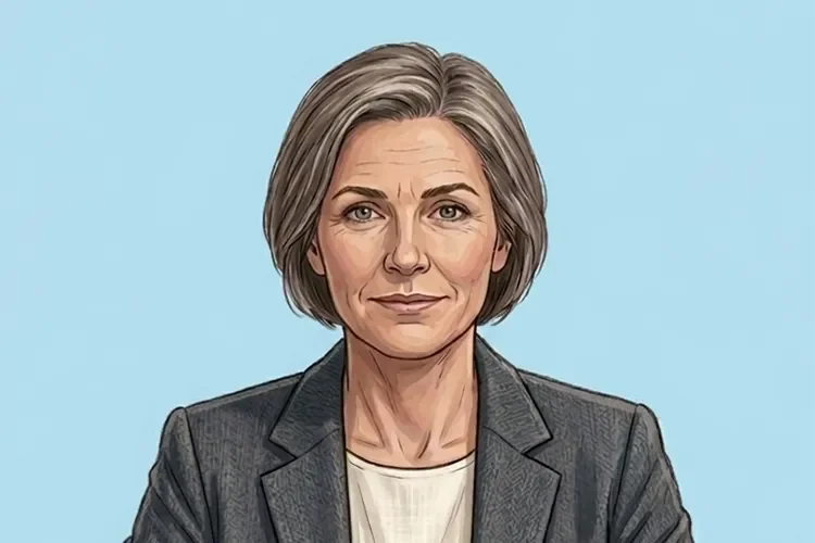 Illustrated portrait of Sarah Mitchell, TheWellnessExaminer's medical breakthroughs and precision health editor, in a grey blazer against a light blue background.